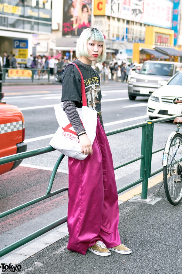 No Doubt T-Shirt, Pink Satin Pants & Septum Ring in Harajuku
