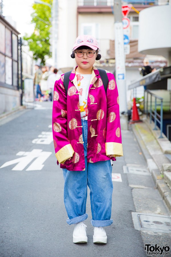 Harajuku Girl in Cap & Twin Buns w/ San to Nibun Ichi Fashion & Tokyo Bopper Platforms
