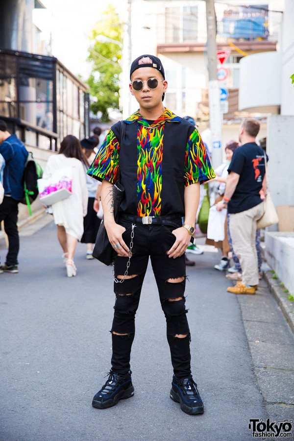 Harajuku Guy in Flames Print Shirt, Ripped Jeans, M.Y.O.B. Tote Bag & Nike Sneakers