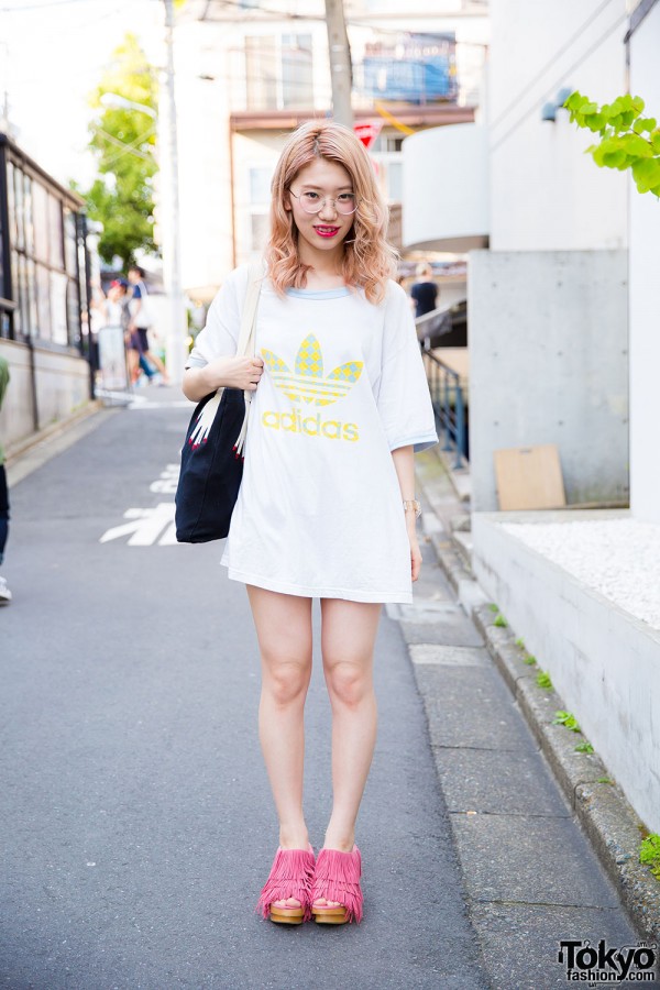 Harajuku Girl in Adidas T-Shirt, Merry Jenny Bag & Pink Fringe Sandals