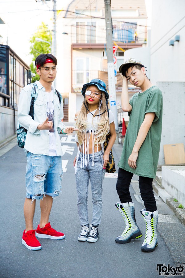 Harajuku Trio Wearing Denim, Airmax 95 Boots, Crop Top & Sprayground Backpack