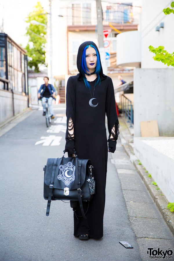Blue-Haired Harajuku Girl in All Black Killstar Hooded Dress & Yosuke Platform Gladiator Sandals