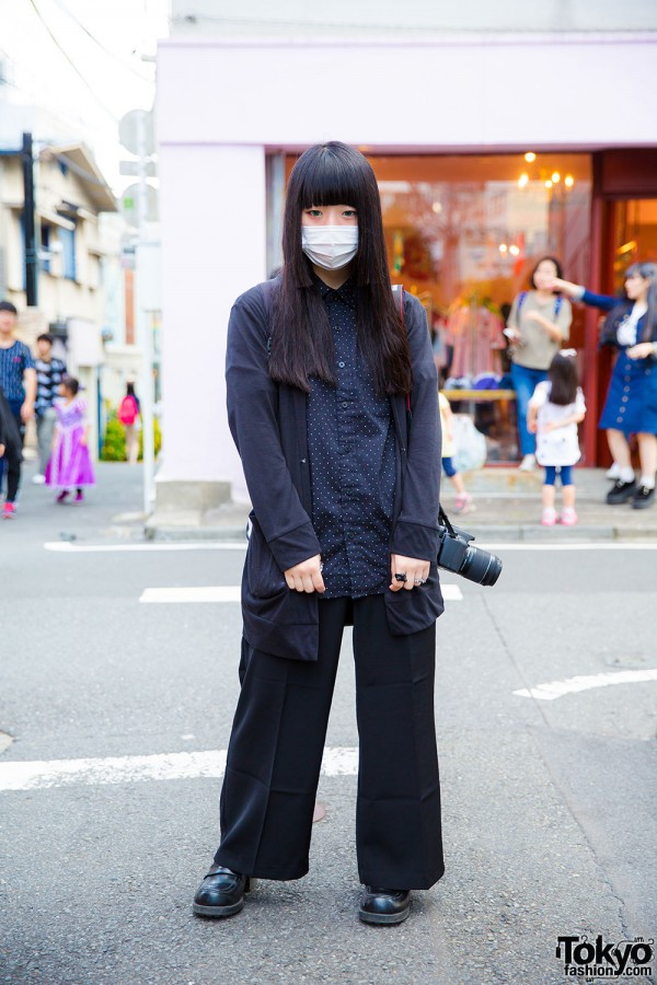 Minimalist Fashion in Harajuku w/ Wide Leg Pants, Polka Dot Shirt & Cardigan