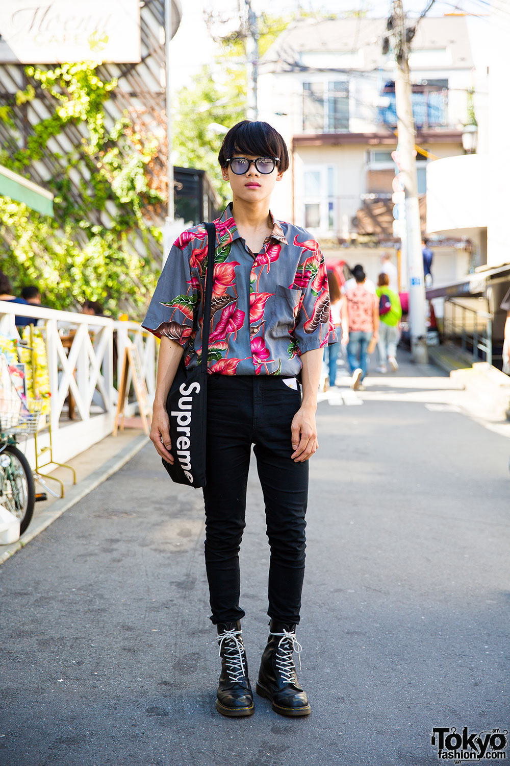 Harajuku Guy in Vintage Floral Shirt, Skinny Jeans, Dr. Martens