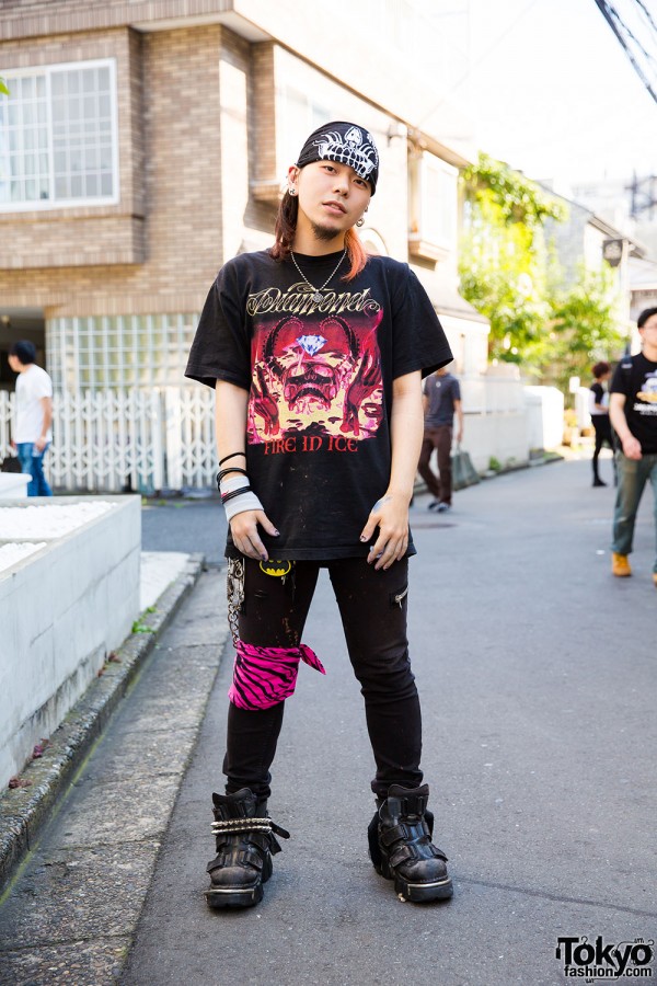 Harajuku Guy’s Street Style w/ Shaved Hair, Bandana, Band Tee & New Rock Boots