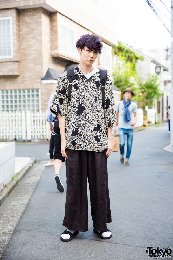 Purple-haired Harajuku Guy in Floral Print Shirt & Wide Leg Pants Resale Fashion