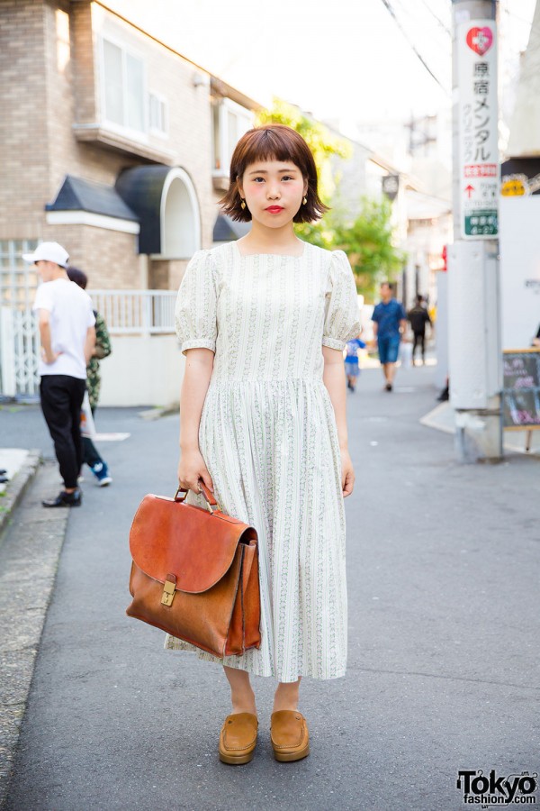 Harajuku Girl in Vintage Style w/ Laura Ashley Dress, Leather Satchel & G.H. Bass & Co. Shoes