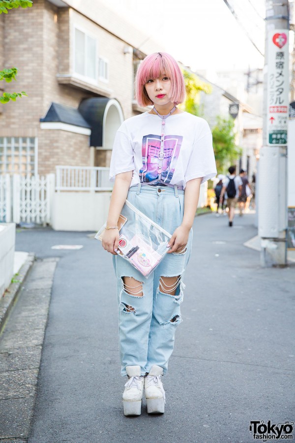 Pink-Haired Harajuku Girl in The 1975 Band Tee, Ripped Denim & Devilish Harness