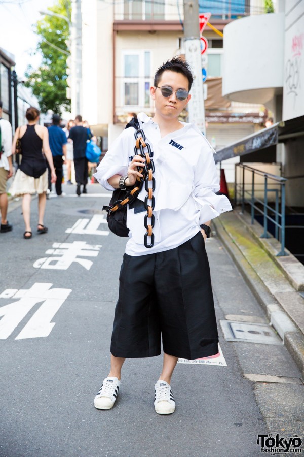 Harajuku Guy in Black & White Street Fashion w/ H&M, Alexander McQueen & Raf Simons