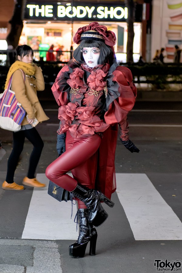 Japanese Shironuri Artist Minori Wearing Red Fashion in Harajuku