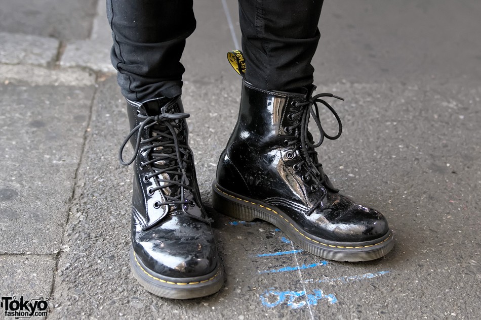 Harajuku Guy in Acne Studios Leather Jacket & Patent Dr. Martens ...