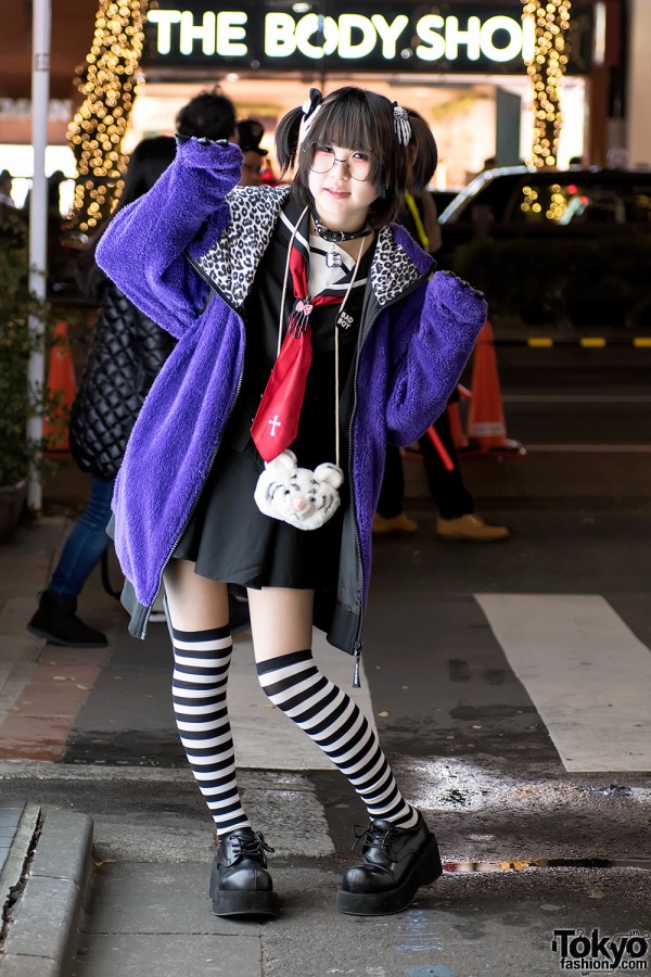 Harajuku Girl w/ Japanese Sailor Dress, Monster Hoodie, Demonia Platforms & Panda Backpack