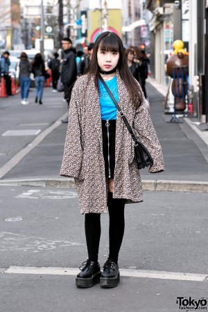 Harajuku Girl in Animal Print Coat, Choker, Front Zip Skirt, Fishnets ...