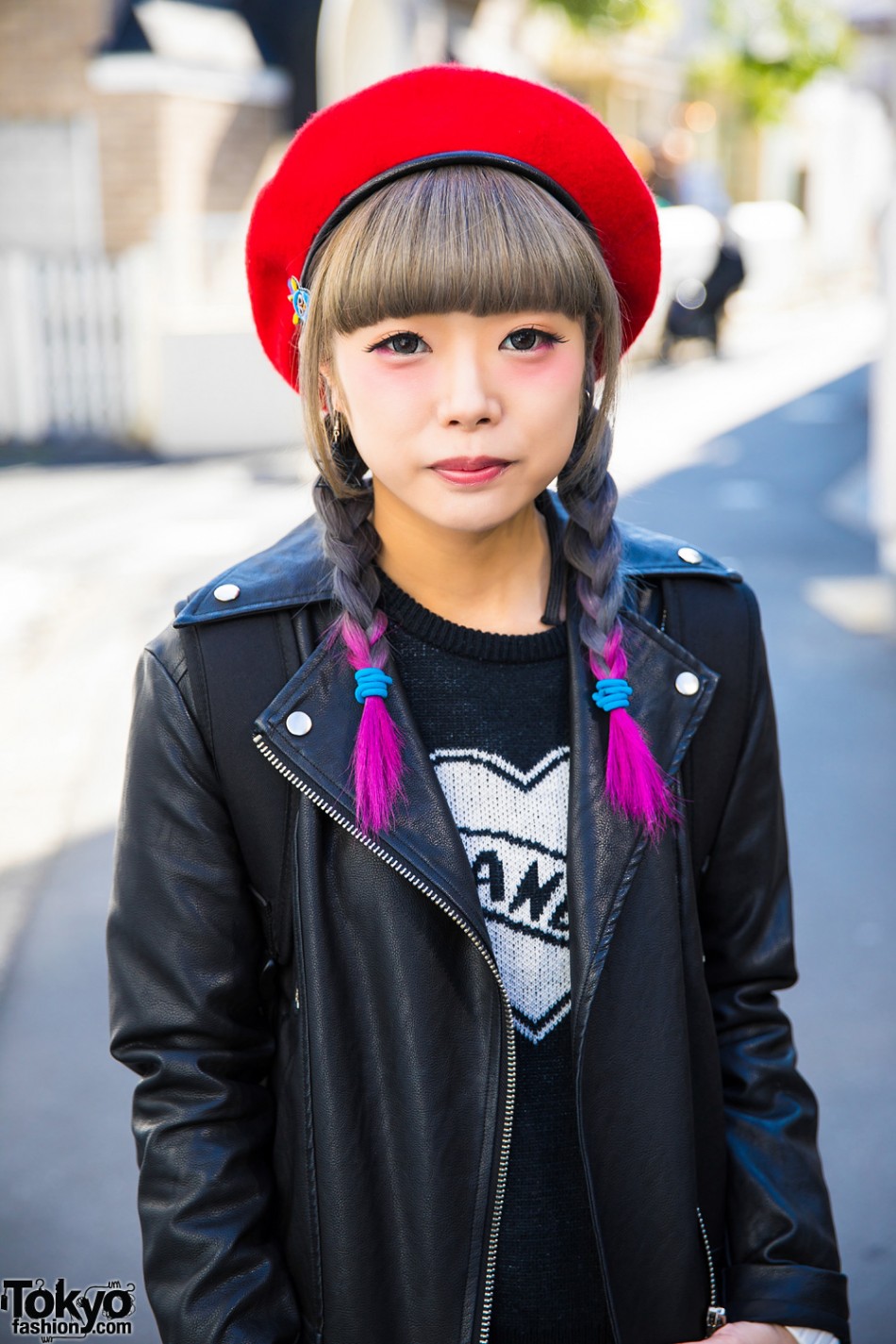 Dip Dye Twin Braided Harajuku Girl in Biker Jacket w/ Candy Stripper ...