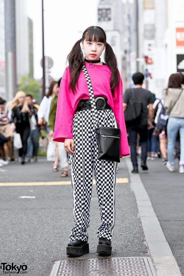 Harajuku Girl w/ Twintails in Checkered Pants, Pink Top, Creepers & Chiiiky Bag