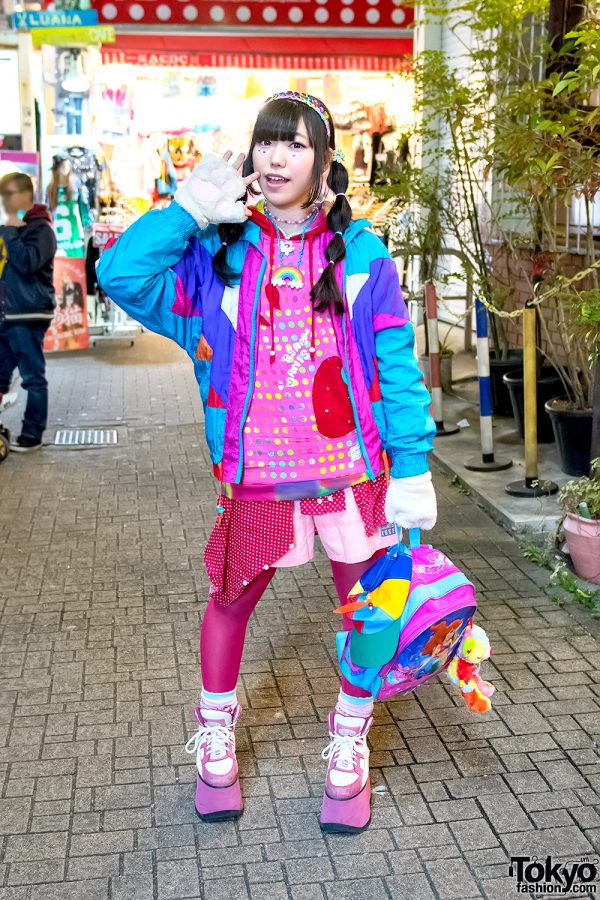 Colorful Harajuku Kawaii Style Girl in Resale Fashion, Buffalo Platforms & Disney Backpack