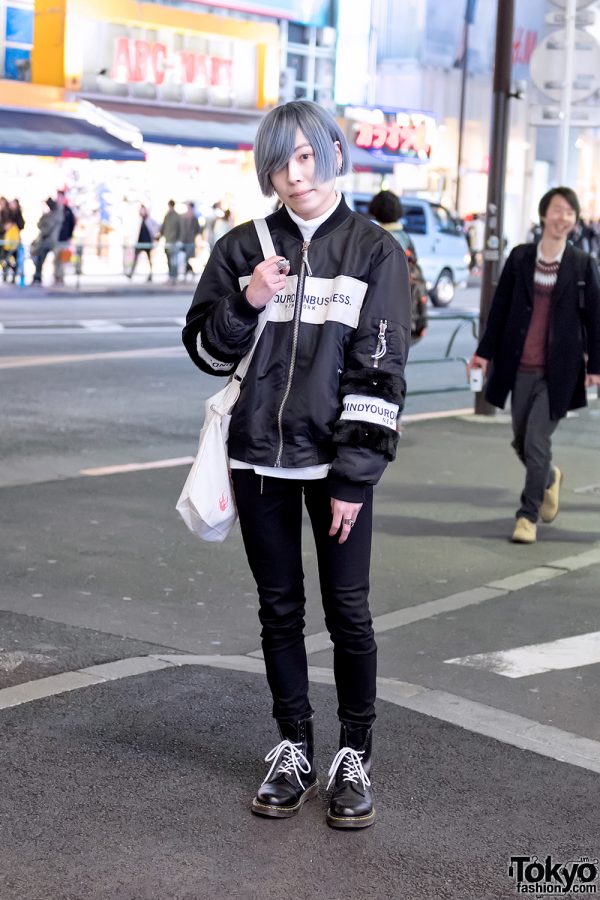 Harajuku Guy Wearing Japanese Streetwear Brand MYOB NYC Bomber & Bag w/ Dr. Martens Boots