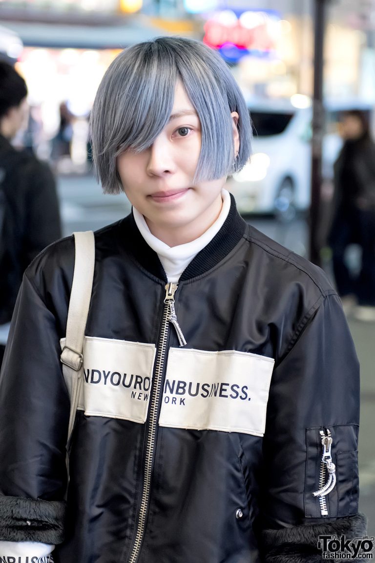Harajuku Guy Wearing Japanese Streetwear Brand MYOB NYC Bomber & Bag w