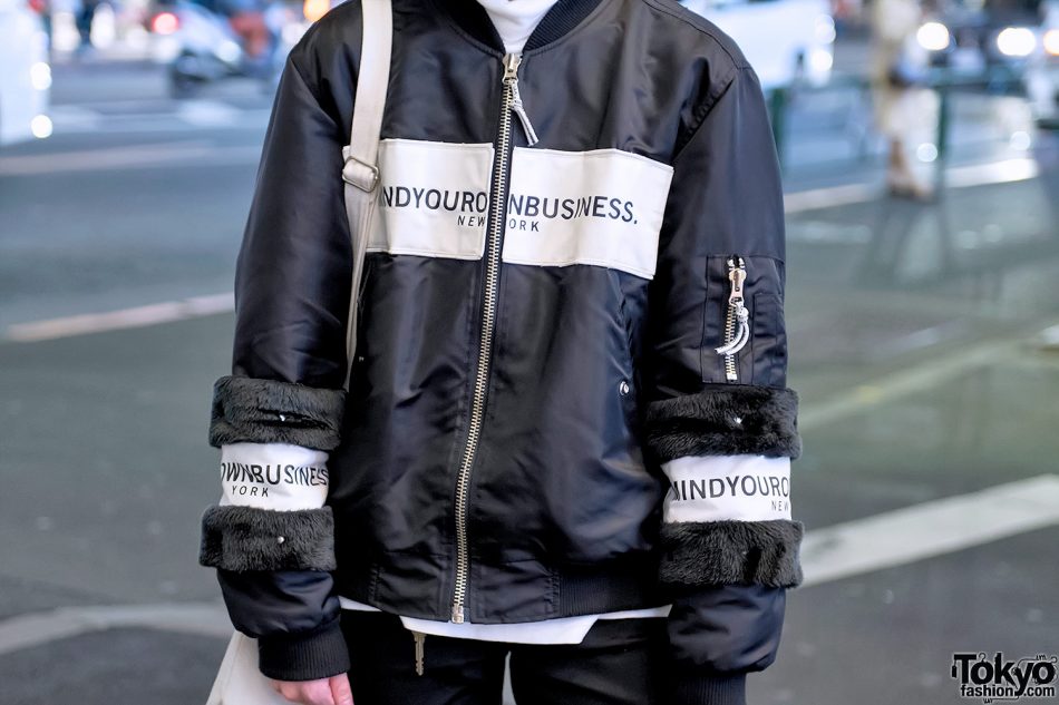 Harajuku Guy Wearing Japanese Streetwear Brand MYOB NYC Bomber & Bag w ...