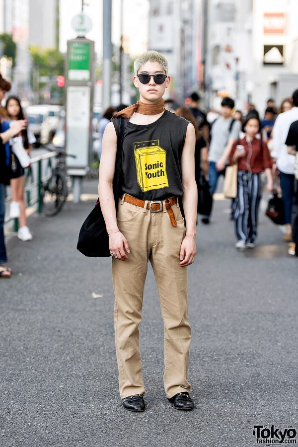 Harajuku Guy in Sonic Youth Top, Belt Choker, Levi’s Pants & Valentino Loafers