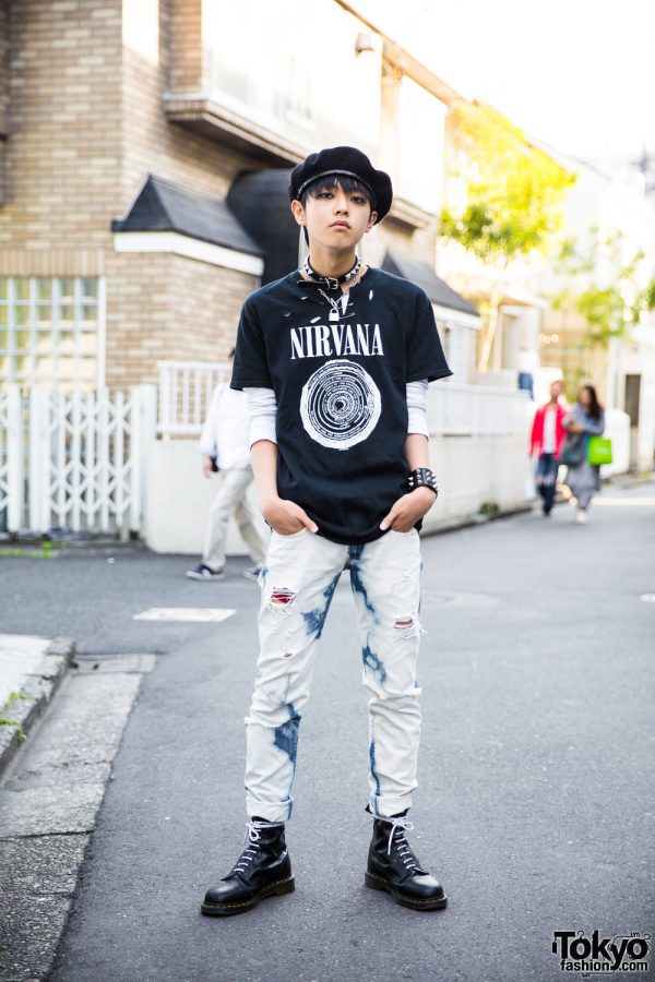 Harajuku Guy in Punk-Inspired Street Style w/ Nirvana & Dr. Martens
