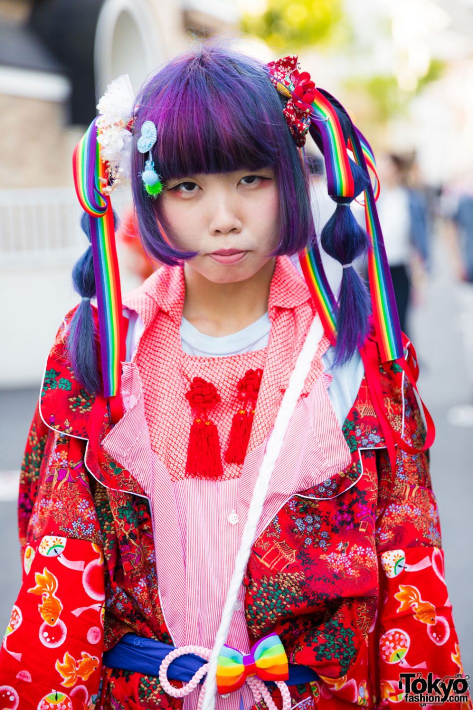 Harajuku Girl in Kawaii Remake Kimono w/ Purple Twin Tails, Rainbows ...