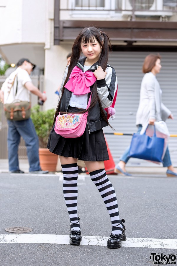Harajuku Girl in Twintails, Sailor Top, Pleated Skirt, Striped Socks & Randoseru