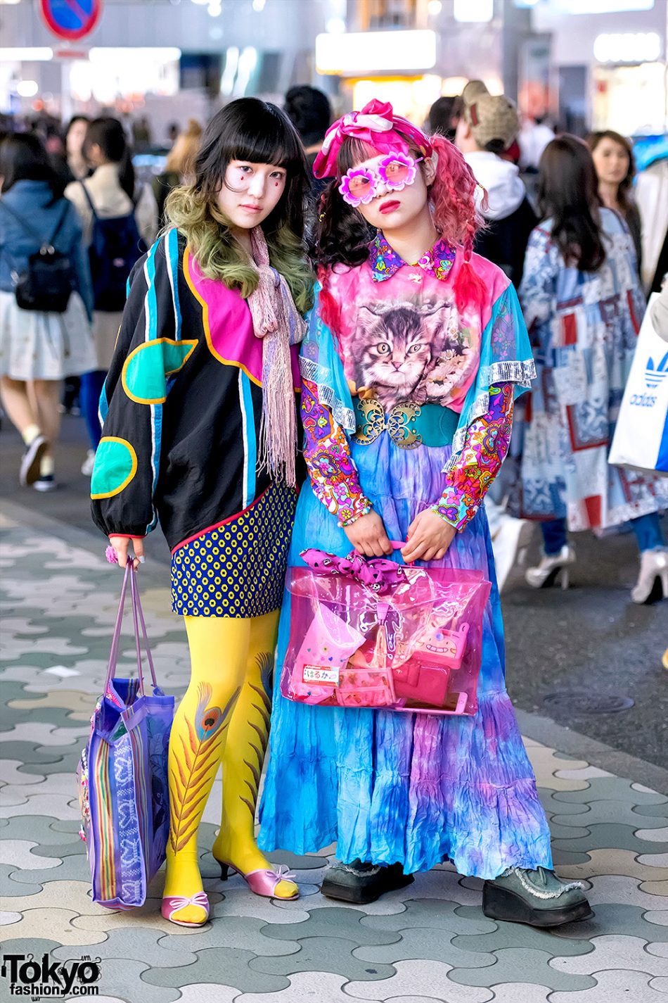Colorful Vintage Tokyo Street Fashion w/ Dog Harajuku Cat Print, Kinji
