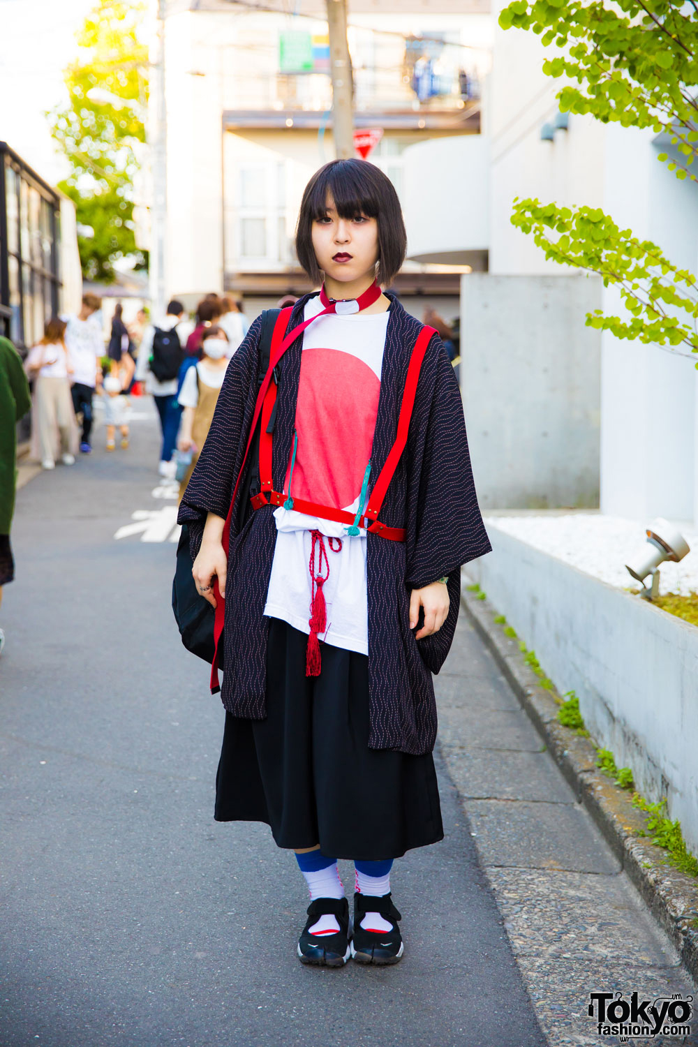 Harajuku Girl in Funky Fruit Japanese Flag Shirt, Vintage Kimono Coat, Harness & Nike Air Rift