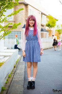 Pink-Haired Harajuku Girl in Checkered Jumper Dress & Bubbles Lace Top ...