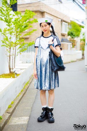 Harajuku Girl in Sailor Cap, Sequin Dress & Tokyo Bopper Zipper ...