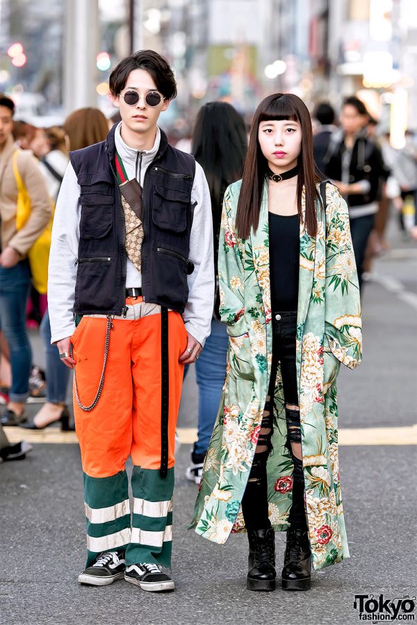 Harajuku Girl in Long Floral Kimono Coat & Harajuku Guy in Neon & Vans