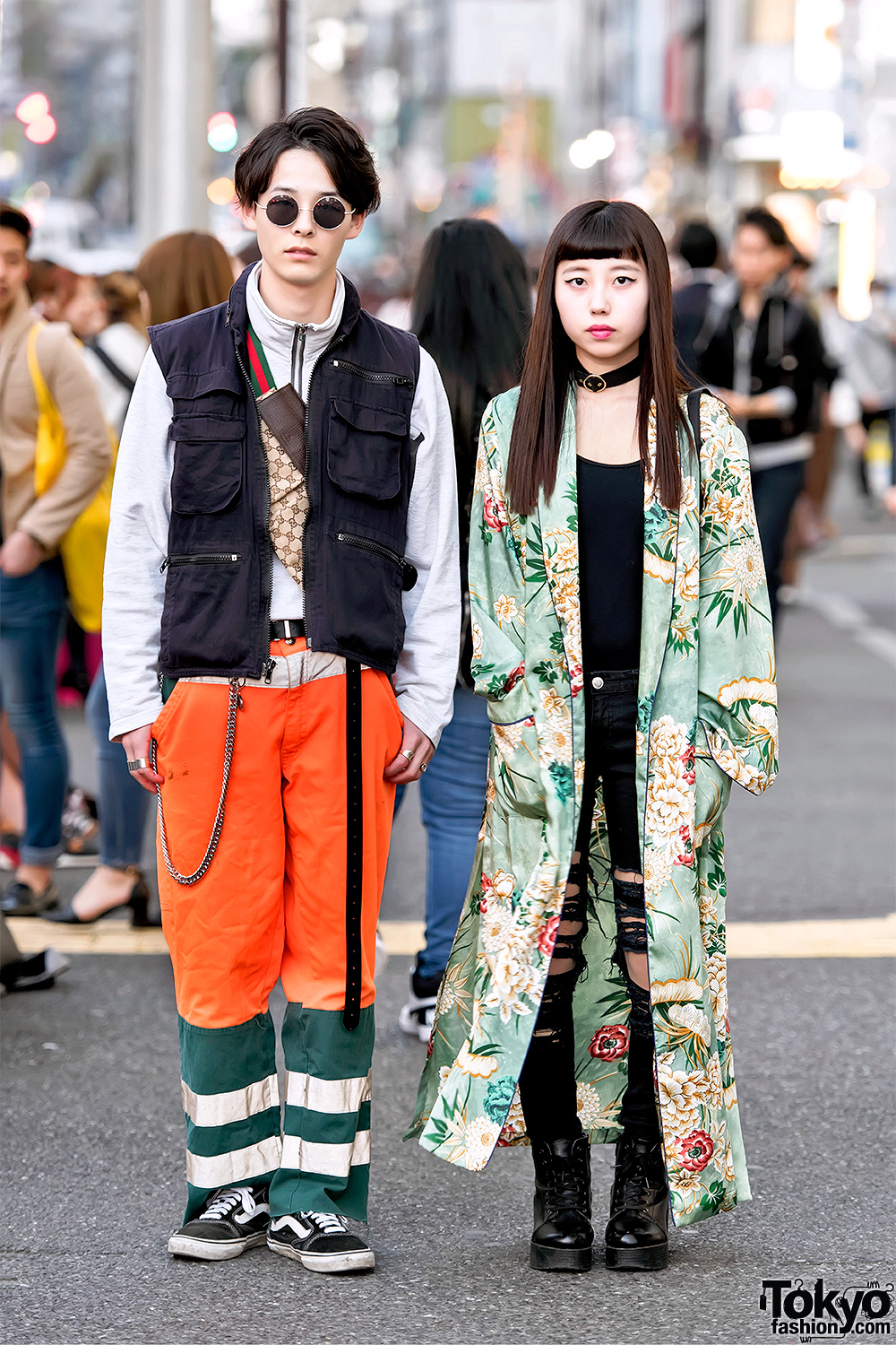 Harajuku Girl in Long Floral Kimono Coat & Harajuku Guy in Neon & Vans ...