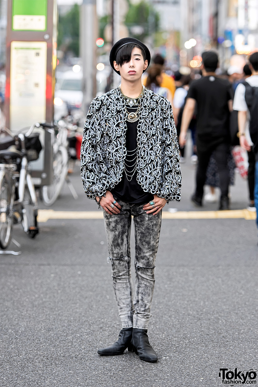 Harajuku Guy in Sequin Christian Dior Jacket & Faith Tokyo Tiger Necklace, Yosuke Boots
