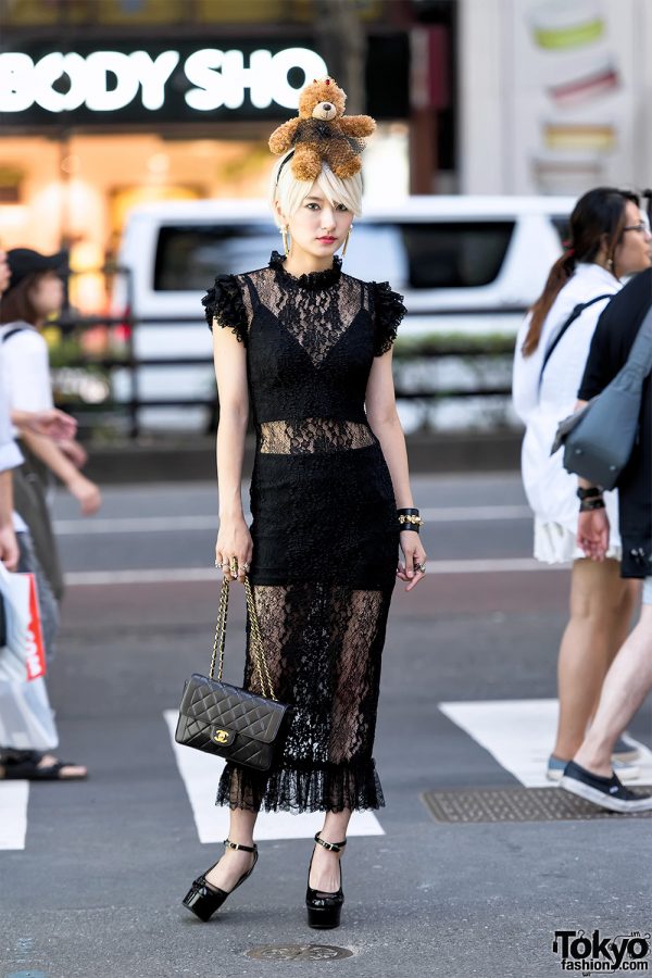 Dolce&Gabbana Teddy Bear, D&G Black Lace Dress & Chanel Quilted Purse in Harajuku