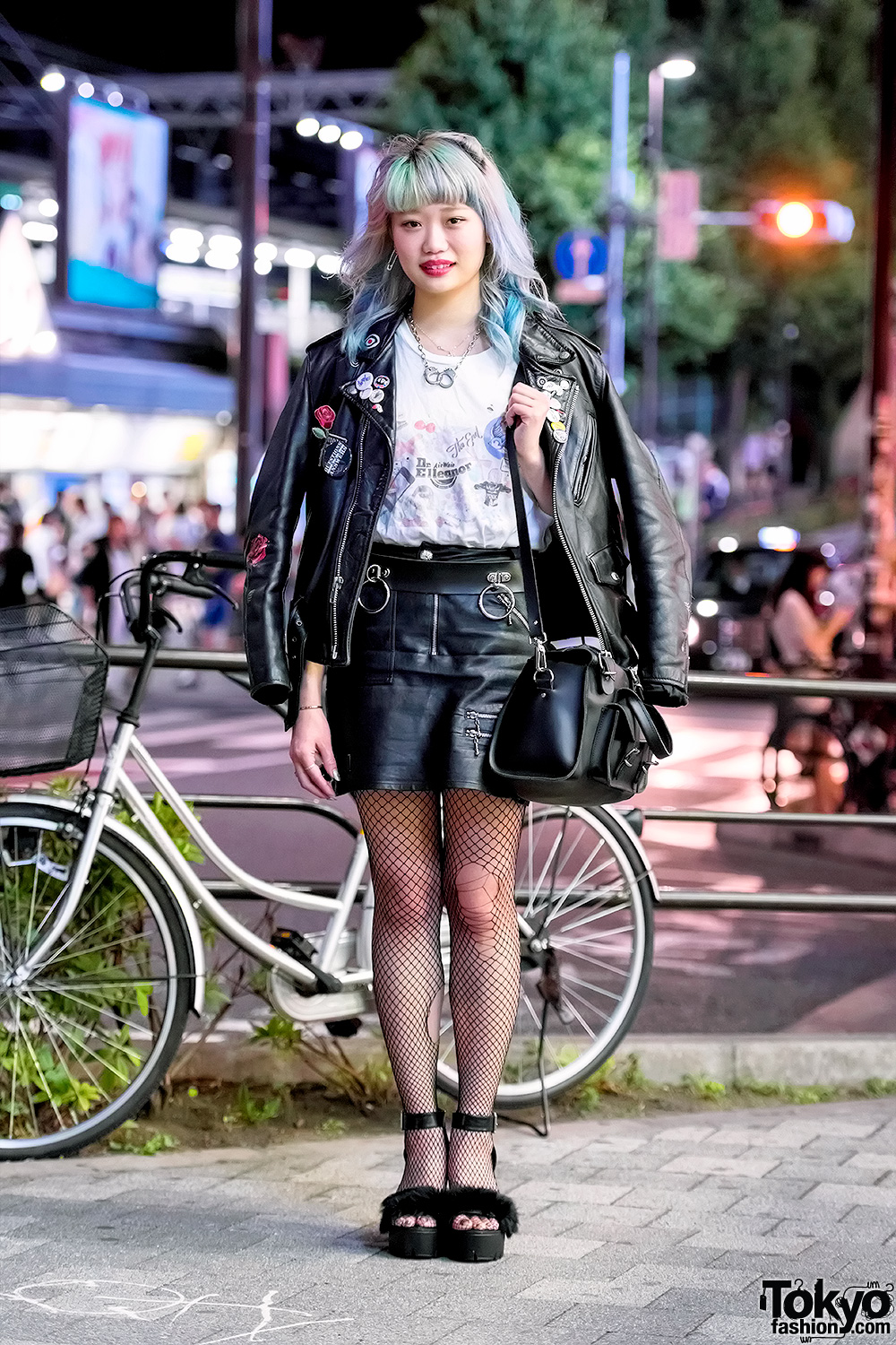 Elleanor in Harajuku w/ Schott Leather Jacket, Bubbles Skirt, Fishnets & Grafea Bag
