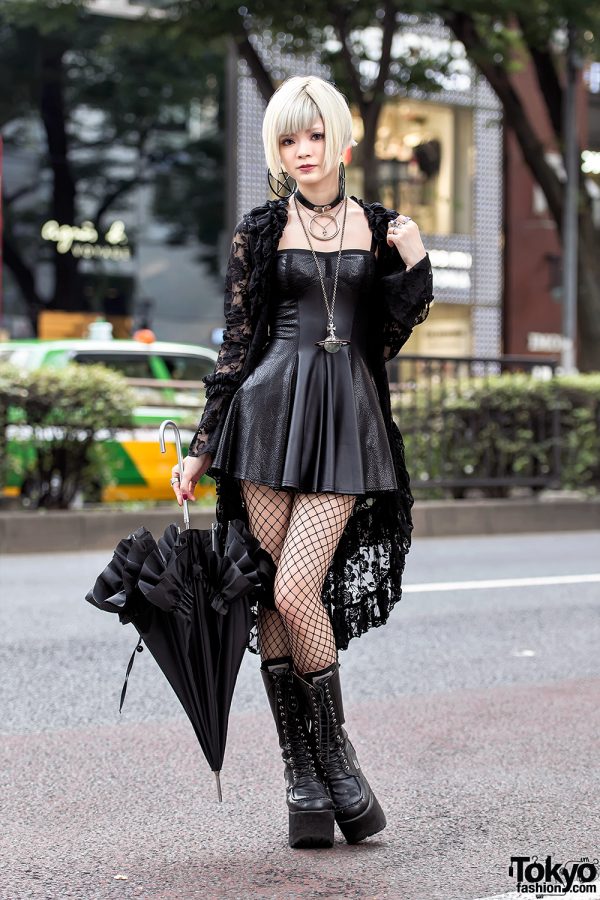 Gothic Harajuku Girl in Black Lace, Mini Dress, Platform Boots & Vivienne Westwood