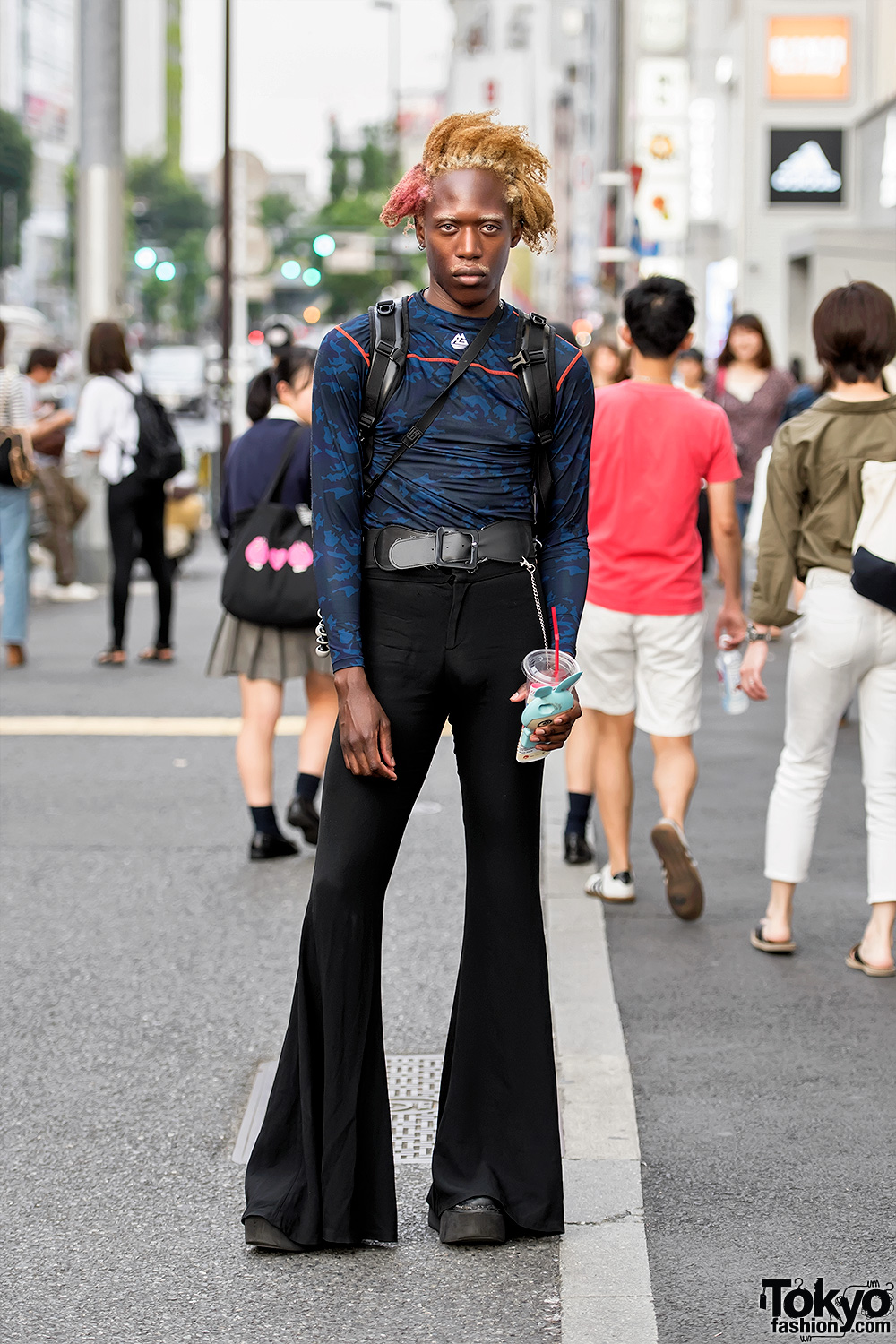 Harajuku Male Model w/  Camouflage Top, Flair Pants, Yosuke Platforms & 3D Rabbit iPhone Case