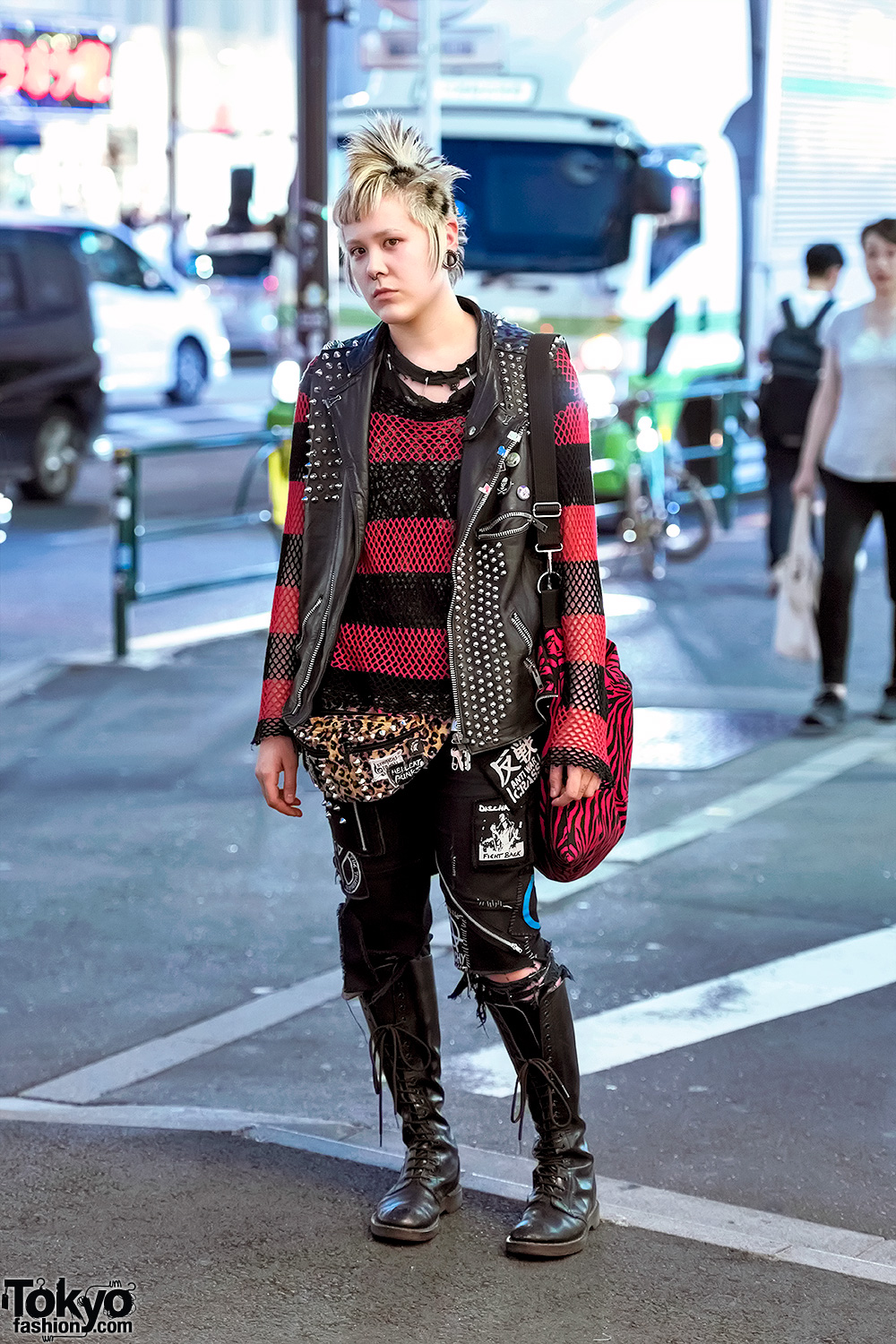 Harajuku Punk in Discocks Studded Leather Vest, Patched Denim, Dr. Martens & Leopard Print