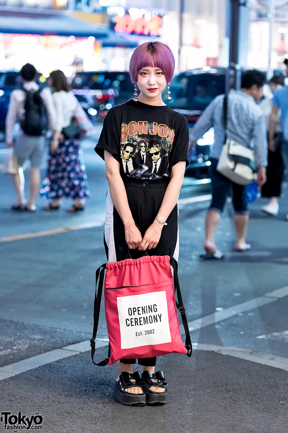 Pink Haired Student in Harajuku w/ Bon Jovi Tee & Opening Ceremony Bag