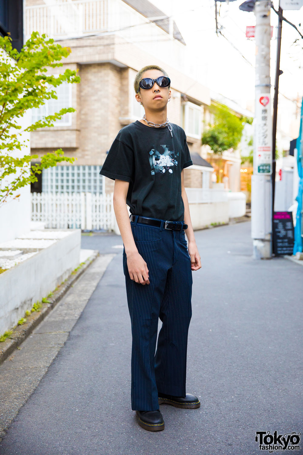 Vintage Inspired Harajuku Mens Street Style w/ Chain Necklace, Pinstripe Pants & Boots