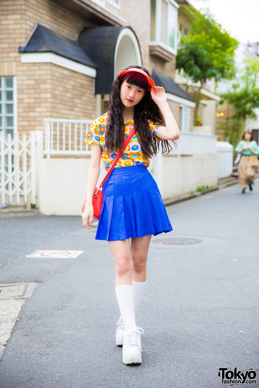 Harajuku Model/Actress in Colorful Street Style with Visor, Kiki2 Pleated Skirt & Platforms