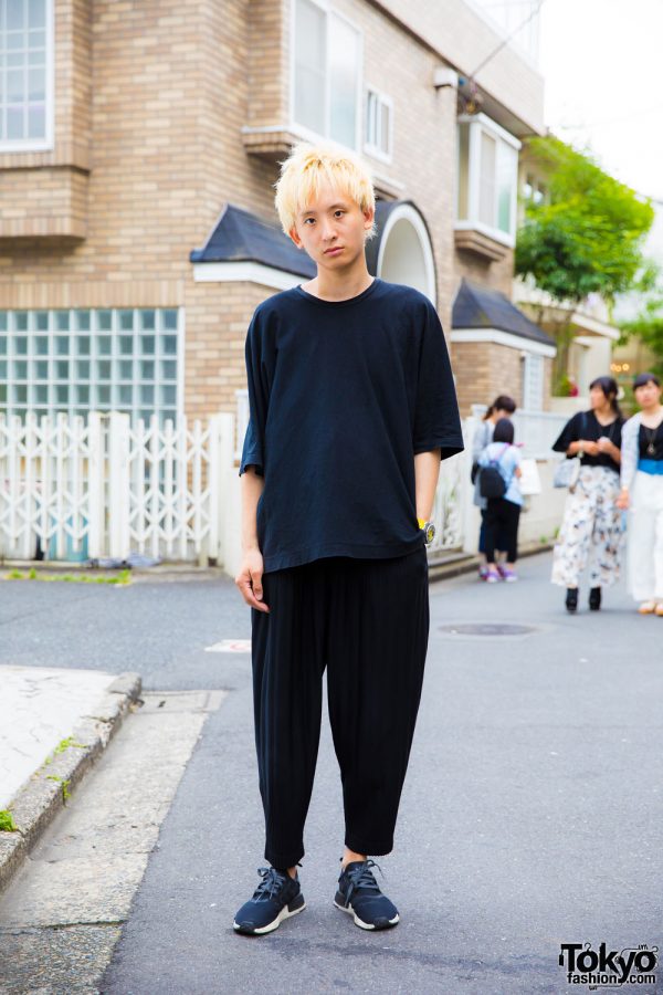 Blonde-Haired Street Photographer in Black Minimalist Fashion w/ Issey Miyake & Adidas NMD