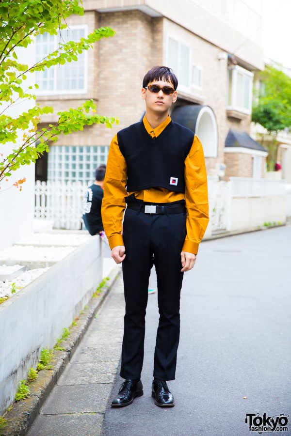 Harajuku Guy in Xander Zhou Street Style, Sunglasses & Prada Dress Shoes
