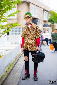 Green-Haired Harajuku Guy in Colorful Street Style w/ Leopard Print ...