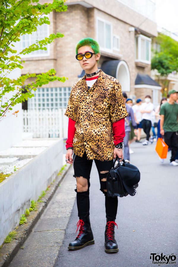 Green-Haired Harajuku Guy in Colorful Street Style w/ Leopard Print Shirt, Skinny Jeans & Dr. Martens