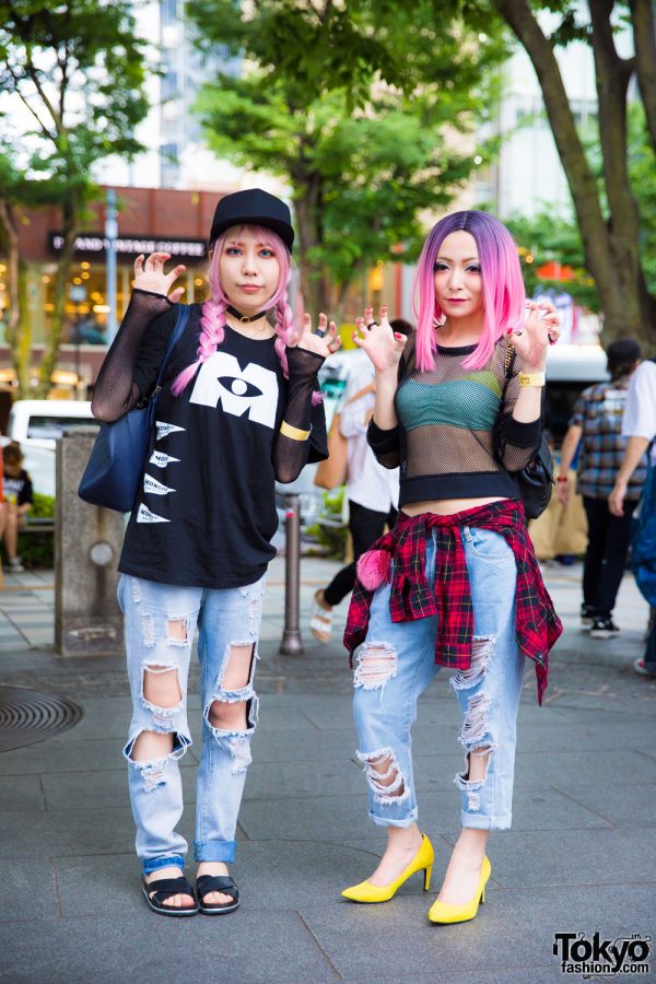 Pink-Haired Harajuku Girls in Ripped Jeans w/ Vintage Chanel, Tory Burch & UNIQLO