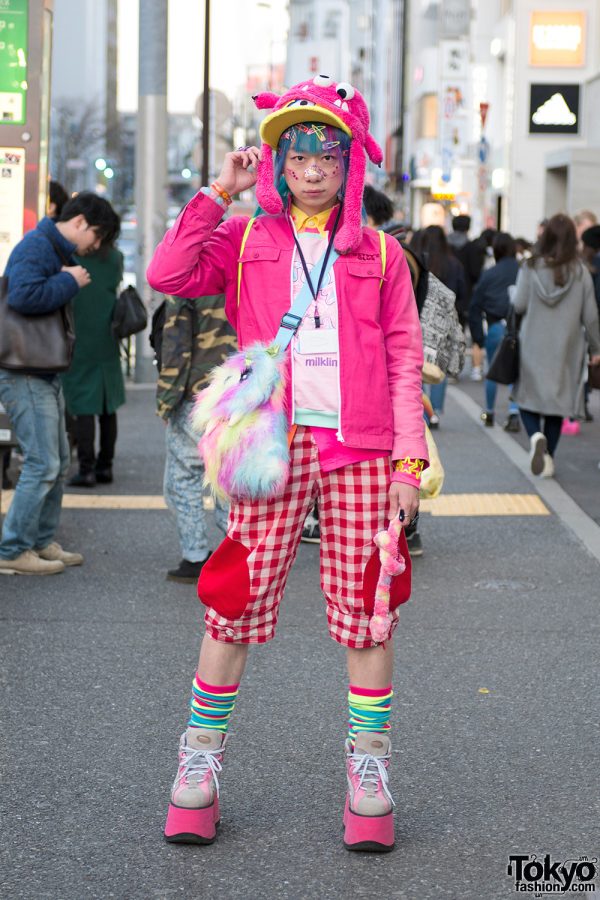 Junnyan’s Pink Kawaii Harajuku Street Style w/ Monster Hat, Monster Bag, Milklim & Candy Stripper