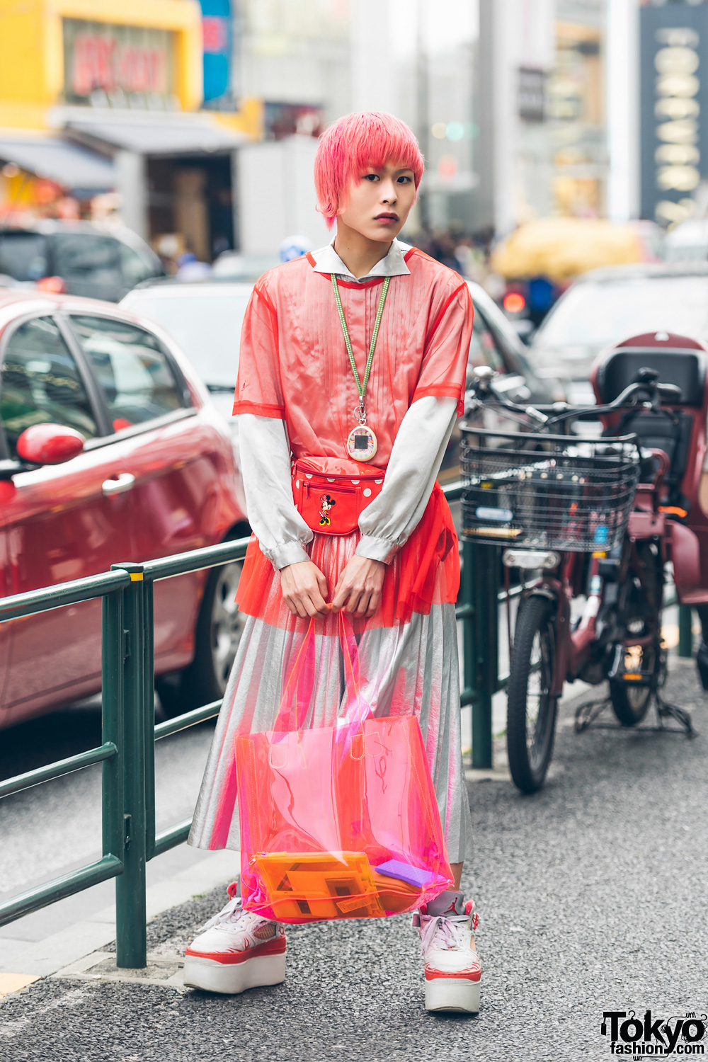 Pink Haired Harajuku Guy in Silver Skirt, Platform Jordans, Tamagotchi & Minnie Mouse