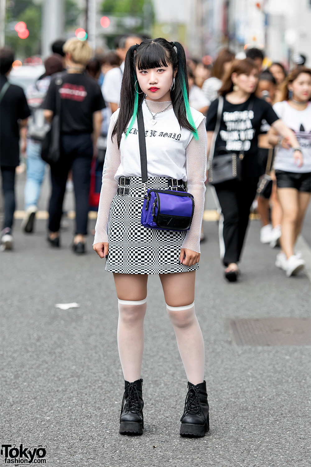Twin-tailed Harajuku Girl in Checkered Skirt, Platforms & Faith Tokyo Crossbody Bag